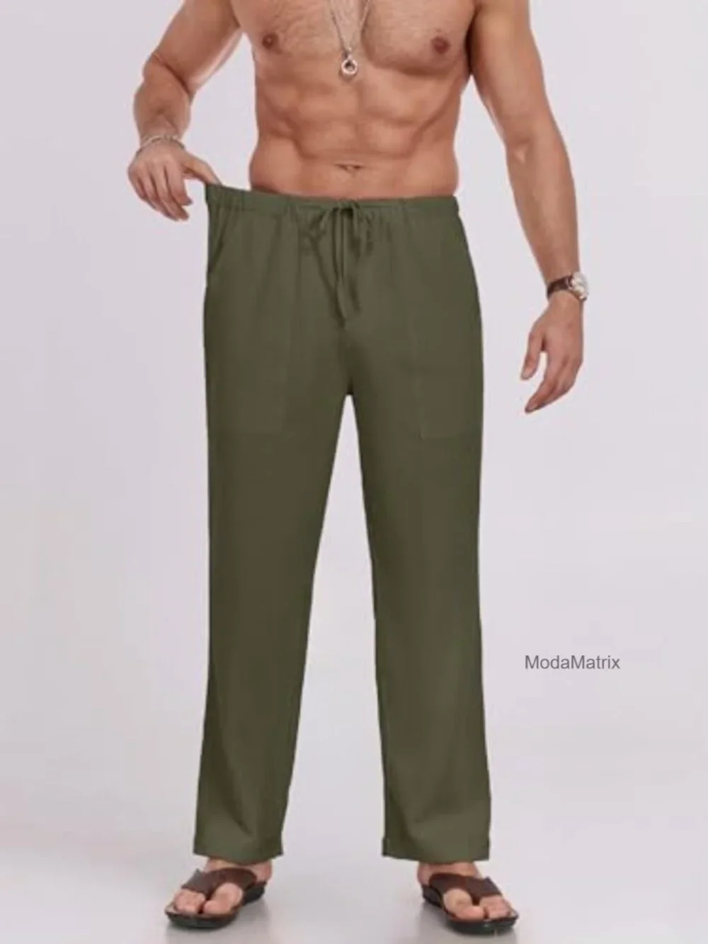 Men's Linen Pants Elastic Waist Drawstring Loose Fit Casual Summer Beach Pants
